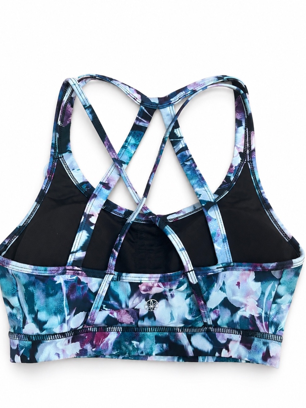 Gaiam NWT Floral Strappy Sports Bra XS Medium Support Blue Purple Yoga - Picture 2 of 10